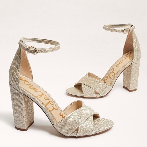 Sam Edelman Yancy Gold Metallic Textured Open Toe Block Heel Sandals Size 7 - Picture 16 of 16